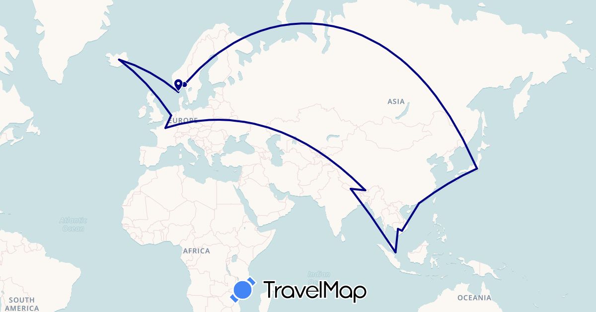 TravelMap itinerary: driving in Bhutan, China, France, Iceland, Japan, Cambodia, Netherlands, Norway, Nepal, Singapore, Vietnam (Asia, Europe)